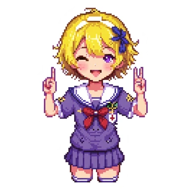 Pixel art anime girl with short bright yellow hair wearing Japanese sailor style school uniform, making victory peace signs with both hands, winking happily with excited expression sticker