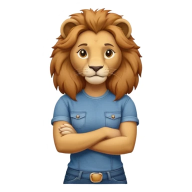 female anthropomorphised lion character standing confidently with arms folded wearing jeans and a t-shirt sticker