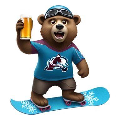snowboard bear wearing helmet and goggles, colorado avalanche jersey doing insane tricks while holding a beer sticker