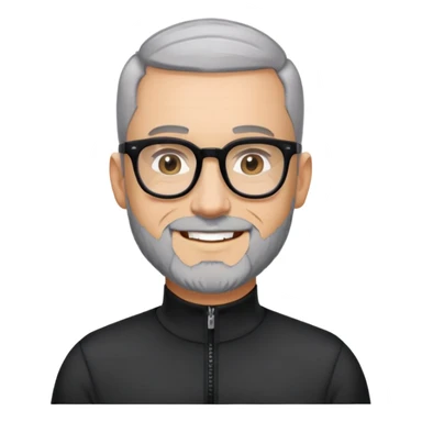 Man with light skin, buzz cut black hair, short peppered gray beard, large black-framed glasses, smiling face, black long sleeve athletic shirt with zippered high neck sticker