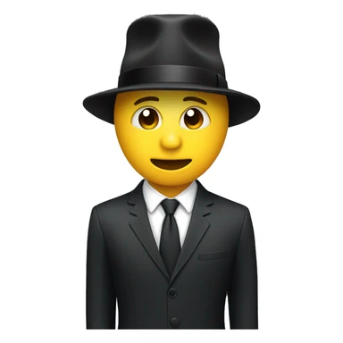 Man is suit wearing a speaker as a hat sticker