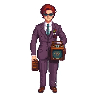 Alastor from Hazbin Hotel in pixel art style, focusing on vintage radio aesthetic and sharp suit, no text sticker