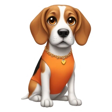 Beagle wearing an orange dress sticker