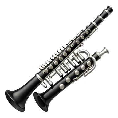 Create an elegant and detailed emoji representing a clarinet. The design should feature the sleek, black wood finish of the clarinet with its shiny metal keys clearly visible. Highlight the intricate details, such as the bell at the end and the carefully crafted mouthpiece with the reed. Use black wood tones for the body of the instrument and silver or brass accents for the keys. Add subtle musical notes or soundwaves floating around the instrument to evoke the smooth, melodic sound of the clarinet. The background should be transparent. sticker
