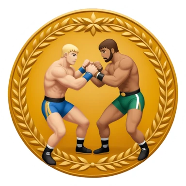 An icon symbolizing wrestling combat sports in the style of an emblem. The design features two wrestlers locked in a powerful grapple, one attempting to take the other down. Surrounding the scene are stylized elements like a championship belt, wrestling mat, and a laurel wreath. sticker