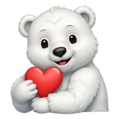 Create a goofy polar bear mascot , holding a large red heart sticker
