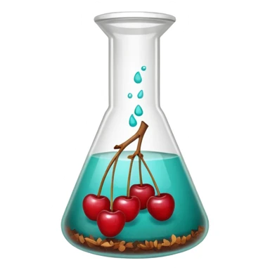 A science beaker filled with teal chemical, cherries, and wood chips sticker