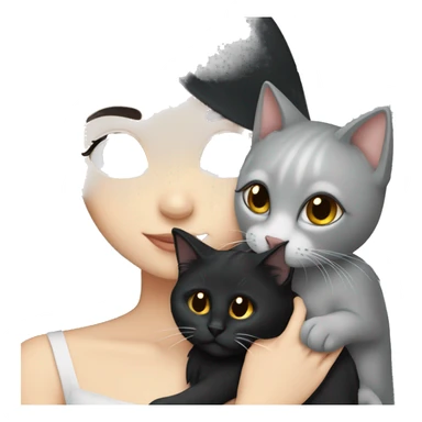 White skin girl with long black hair and black eyes hugging a grey cat sticker