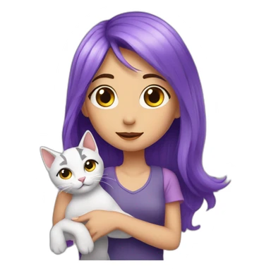 A girl with purple hair and a cat is petting her sticker