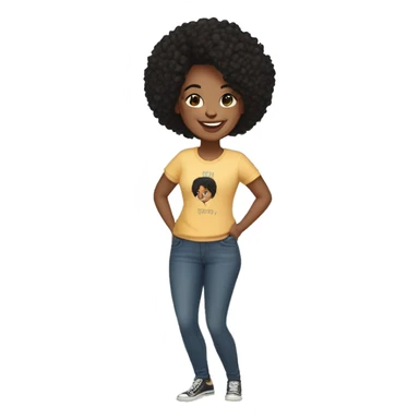 Woman in her late twenties, bipoc black hair smiling, tshirt jeans sticker