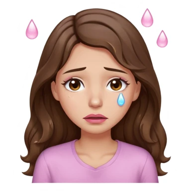 girl with wavy long brown hair, brown eyes, light to medium complexion, long lashes, light pink lipstick, wearing light pink shirt, weeping big big tears sticker