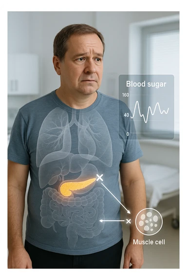 a middle-aged man stands in a clinical setting, with a semi-transparent overlay showing his internal organs. His pancreas is highlighted, and glowing lines or icons indicate disrupted insulin signaling between the pancreas and muscle or fat cells. The man’s expression is slightly concerned, and a digital chart beside him displays fluctuating blood sugar levels. The lighting is realistic, with a clean, modern medical background. in italiano sticker