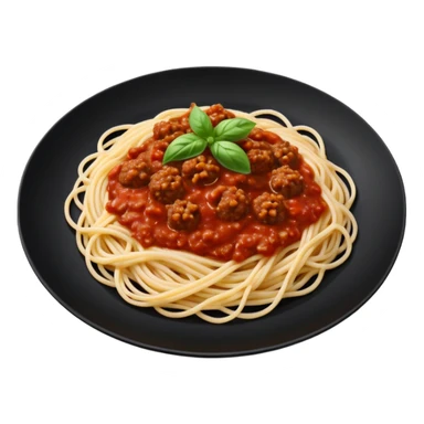 Spaghetti Bolognese on a black plate,nice basil on top sticker