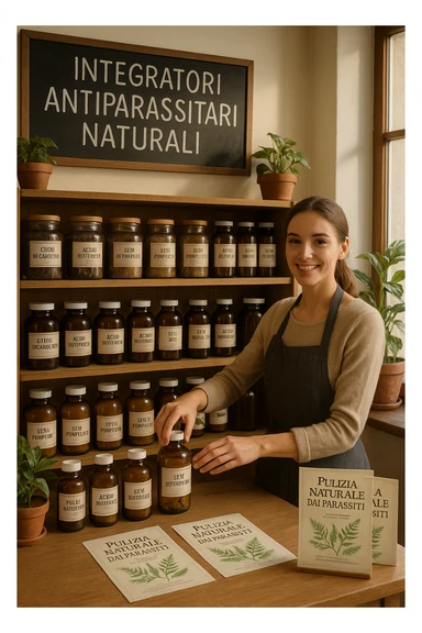 A realistic, well-lit herbal supplement store interior with wooden shelves neatly displaying glass jars and bottles labeled as ‘Chiodi di Garofano’, ‘Acido Butirrico’, and ‘Semi di Pompelmo’, organized in a clean and aesthetic manner. Small handwritten chalkboard signs indicate ‘Natural Antiparasitic Supplements’ above the section. The environment feels warm and trustworthy, with potted green plants adding freshness and a subtle sunlight entering through a window. A young shop assistant with a welcoming smile arranges the products, while informational leaflets about natural parasite cleansing are visible on a wooden counter, creating a holistic and health-conscious atmosphere in Italiano sticker