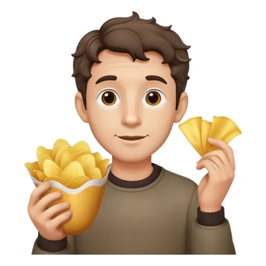 Man with short wavy hair, large ears, holding potato chips sticker