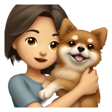 brunette asian girl cuddling brown pomeranian puppy sticker
