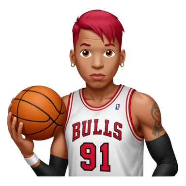 Dennis Rodman with a basketball and “91 “Chicago bull.with a very short red hair sticker