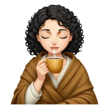 Gözleri kapalı, beyaz tenli ve kıvırcık siyah saçlı saç boyu orta omuzlarında bir kadın avatar, battaniyeye sarılmış halde beyaz bir Türk kahvesi fincanından içeceğini huzurla yudumluyor. sticker