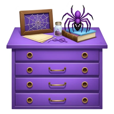 purple spider webs on an open drawer with dusted stuff sticker