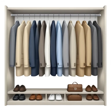 Minimalist wardrobe closet slightly open showing neatly hung professional jackets and shirts inside, organized sticker