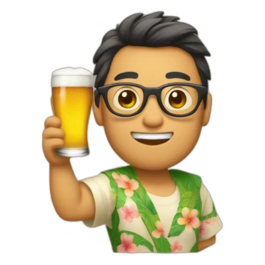 Japanese wearing glasses alohashirt is holding beer sticker