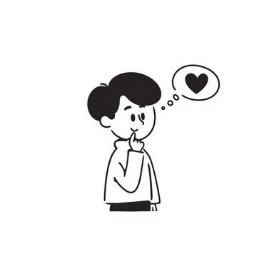 boy with hand on chin, thought bubble with a heart and question mark, simple lines sticker