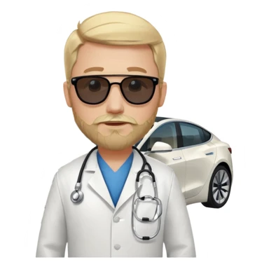 White tesla model 3 and one cool physician with blond hair, beard, stetoscope and dark sunglasses next to it sticker