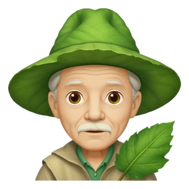 an old man wearing a large leaf hat sticker