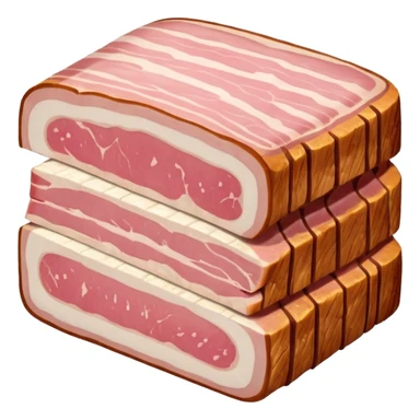 thick slice of raw salted pork belly or shoulder with alternating layers of pale pink meat and creamy white fat, firm slightly glossy surface with visible marbling, rustic artisanal cut, no packaging, no vegetables, no garnish, soft lighting, subtle shadows, emoji scale sticker