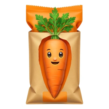 cute emoji carrot seed packet, small rectangular paper pouch, orange carrot, green leaves, minimal and friendly, clean lines, soft shading, white or light brown background sticker