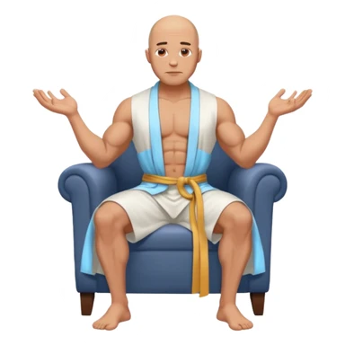 fullbody jacked bald guy, sleeveless and unbuttoned in full white robe sitting without chair and hands down sticker