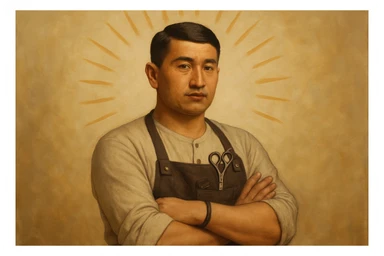 shu pozada turgan sartaroshni tuzib ber uzbek bo'lsin realistik janrda soch turmagi oddiy soqol shart emas sticker