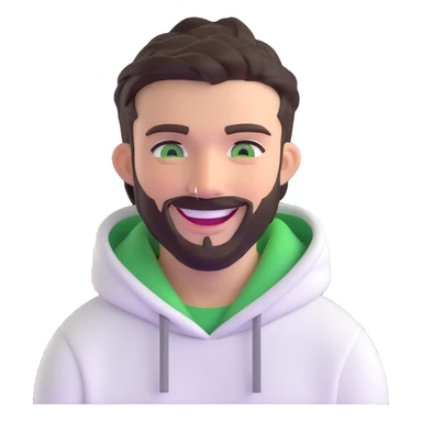 laughing guy with white hoodie, green eyes, dark brown undercut hairstyle and a short full beard sticker