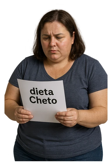 donna realistica leggermente in sovrappeso che legge un foglio con la scritta "dieta Cheto", sfondo bianco, iperrealistica 4k, IPERREALISTICA 4K sticker