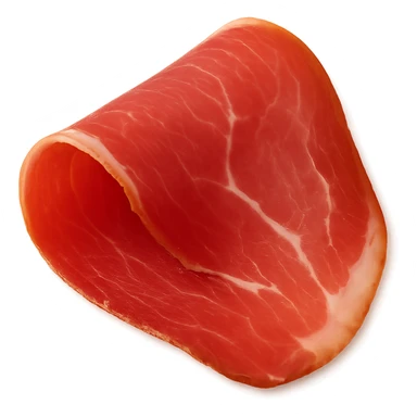 Show only one thin, delicately folded slice of dry-cured ham (jambon cru) with deep pink to reddish hue and visible streaks of white fat. Texture should be silky, slightly translucent, and marbled, with a natural fold or curl. Fat should look creamy and well integrated. Clean 3D, soft lighting, transparent background, emoji scale. sticker