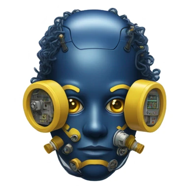 Dark Blue curly hair cyborg head with yellow respirator mask and circuitry sticker