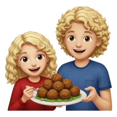 Ragazza bionda leggermente riccia e lunghi che ride ad un ragazzo con i capelli ricci scuri mentre mangia polpette sticker