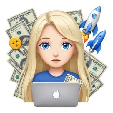 create pack of stickers where me (girl with blue eyes and long fair har) working with Meta ads, it could be facebook logo, tablue logo, google sheets logo, money, data tables, rocket, My Drama app logo or me watching vertical series etc. sticker
