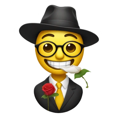 A yellow man with glasses and a hat on his head holds one rose in his teeth sticker