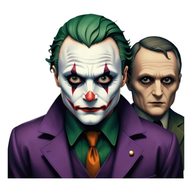Icon for Thriller Movies: A dramatic close-up collage with iconic characters like Joker and Hannibal Lecter. Set against a dark, moody cityscape with shadows and ominous lighting. A suspenseful atmosphere with eerie tones. Transparent background. sticker