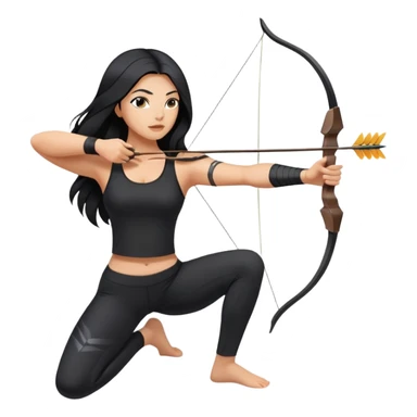 woman tanned long black hair, shooting arrow , black yoga clothes sticker