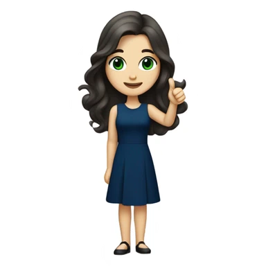 
a brunette with long hair and green eyes, with red lips and in a dark blue dress shows a thumbs up sticker