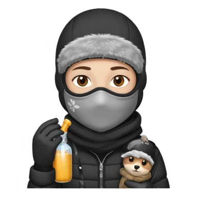 Junge mit Sturmhaube braune augen auf der rechten seite kleinen nasenpircing (glitzerstein) in der Rechten hand eine Jacky flasche und einer winterjacke mit fell an der mütze sticker