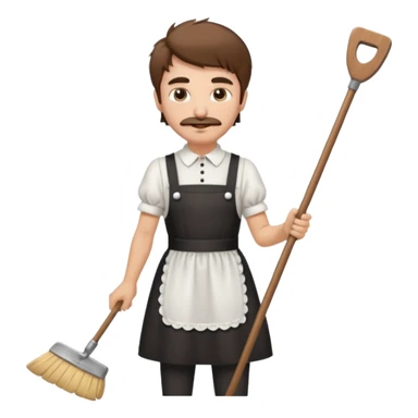 Guy with short shaggy brown hair , a mustache, wearing a cute maid dress, sweeping sticker