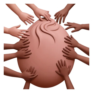 multiple hands working together to form and shape a large pink clay sculpture, collaborative pottery making sticker