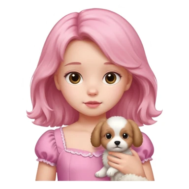 A little girls with a beautiful pink dress and a fluffy puppy face sticker