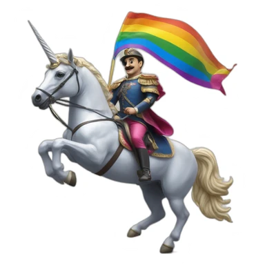 Hyperrealist Francisco franco ride a unicorn with a lgtbi flag sticker