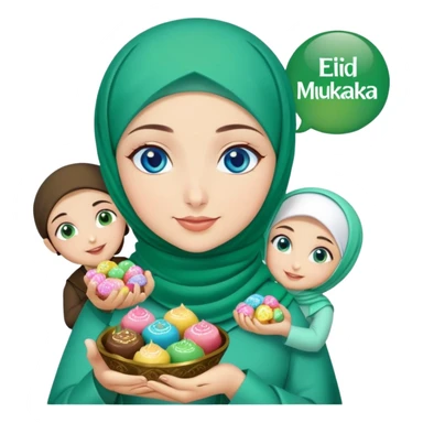 Turkish beautiful finish Konya girl blue eyes with green emerald hijab islamic dress and had on her hand text Eid Mubarak with sweets and celebrating with her friends eid days   sticker