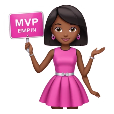 Black barbie, short  black bob  hair, pink dress with a sign that says mvp sticker