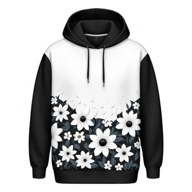 The BLACK Denim Tears Hoodie features a black base with distinctive black and white flowers. Each flower has a white outer ring with an empty space in the middle, creating a hollow, open design. These patterns are scattered across the hoodie for a bold and unique look. sticker